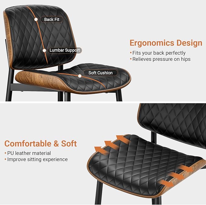 YaFiti Dining Chairs Set of 8, FSC Certified Mid Century Modern Accent Dining Room and Kitchen Chairs, Upholstered PU Leather Diamond Check Chairs with Walnut Bentwood and Metal Legs, Black