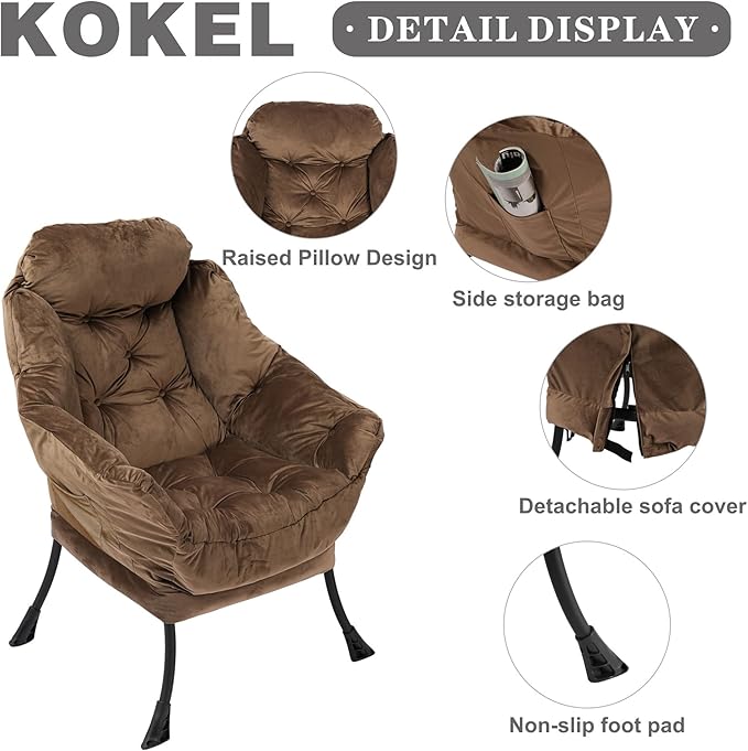 Kokel Lazy Chair with Folding Ottoman,Living Room Chairs, Accent Contemporary Lounge Chair, Single Steel Frame Leisure Sofa Chair with Armrests and A Side Pocket (Brown)