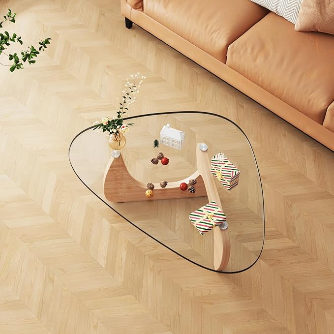 LUCKIIA Coffee Tables Glass Small Farmhouse Coffee Table Mid-Century Modern Wood Center Table for Living Room, Original Transparent, 36 Inch