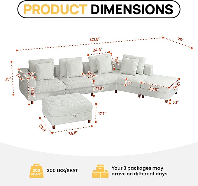 147" Curved Corner Reversible Chaise Chenille Sectional, L-Shaped Oversized Sofa with 6 Deep Plush Seats, with Ottoman & 4 Throw Pillows and Removable Covers, for Living Room and Apartment, Beige