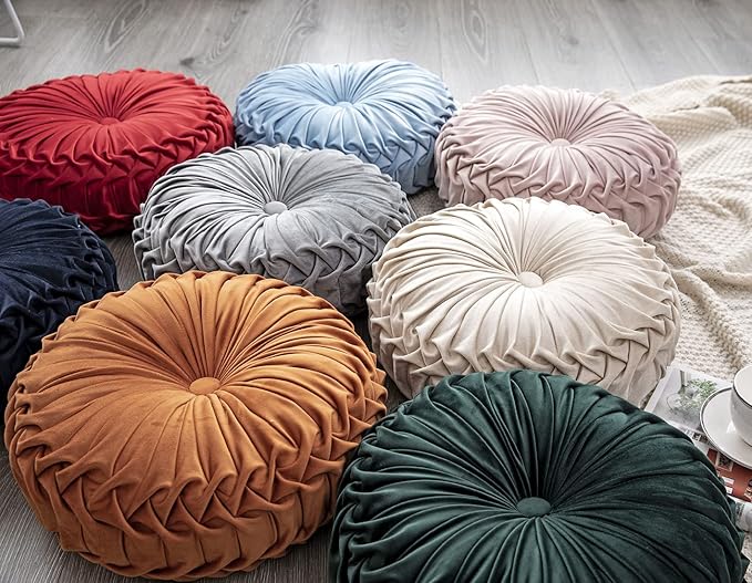vctops Christmas Red Velvet Seat Cushions Round Floor Pillows Thicken Chair Cushions Pleated Chair Pads Seat Pad Throw Pillows for Bedroom Living Room (Red,Diameter 14")