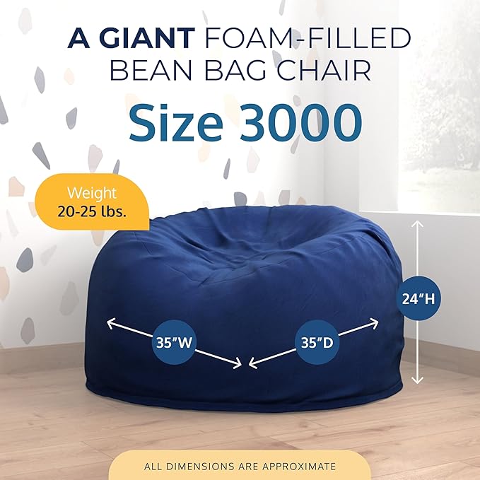 ULTIMATE SACK 3000 3-Foot Bean Bag Chair, Electric Blue Suede Cover – Oversized Foam Lounger, Floor Seat, Small Sofa, or Couch Bed for Living Area, Gaming Room, or Reading Lounge