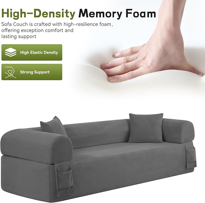 GJQ 3 Seater Couch, Corduroy Boneless Couches for Living Room,Compressed Cloud Sofa in a Box with 2 Pillows & Storage Bag,Memory Foam Floor Sofa with Armrests,No Assembly Required,Gray