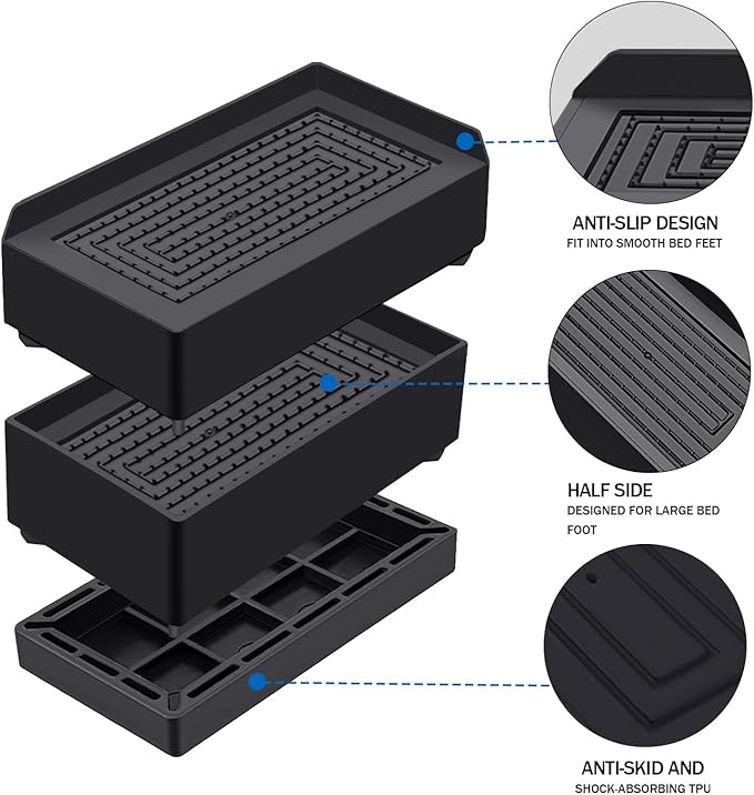 ANNKUT Rectangle Bed Risers, 3 Inch Heavy Duty Adjustable Furniture Risers for Bed Sofa Table and Couch Lift，Support Up to 1,300 Lbs (4 Pack-Black)