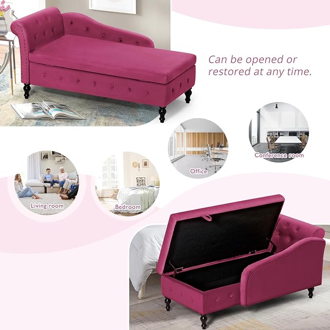 ACMEASE Velvet Chaise Lounge with Left Armrest & Storage Space,Button Tufted Lounge Chair w/Lumbar Pillow,Modern Upholstered Lounge Chair for Bedroom, Living Room and Office, Fuchsia