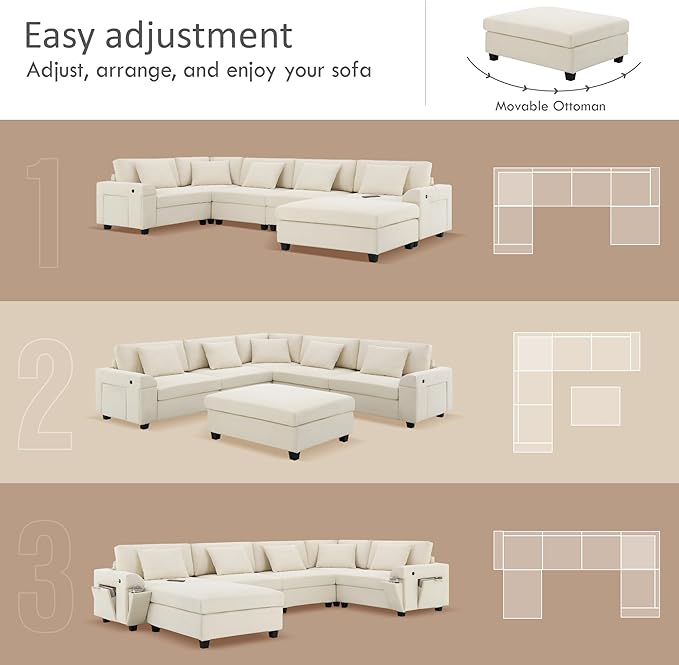 Furnimart 128" U Shaped Sectional Sofa, 5 Seat Chenille Couch Set with Oversized Chaise Lounge, Hidden Armrest Storage and Cup Holders, USB Charging Ports, Deep Seat Sofa for Living Room, Beige