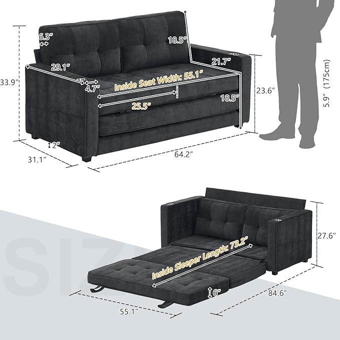 VINGLI Upgraded 64" W 84" L Full Size Futon Sofa Bed, 6" Thick Upholstery Chenille Loveseat Sofa Sleeper Pull Out Couch,Convertible Floor Couch for Living Room, Bedroom, Entertainment Room, Dark Grey