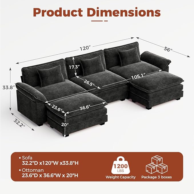 CDCASA 120" Oversized Modular Sectional Sofa, Comfy U-Shaped Cloud Couch w/ 2 Movable Ottoman, 5-Seater Chenille Deep Seat Modern Sofa Couch for Living Room, DIY Combination, Black