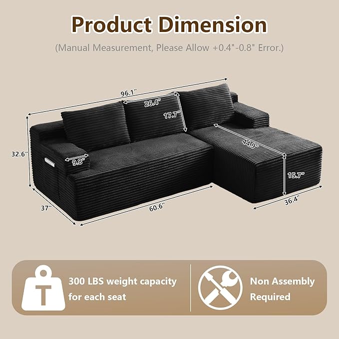 96.1" Modular Sectional Sofa Couches L-Shape Couch 3 Seat Modular Sofa Corduroy Memory Foam Sectional Boneless Couches for Living Room, Cloud Couch with Oversized Chaise(Black, Right Facing)