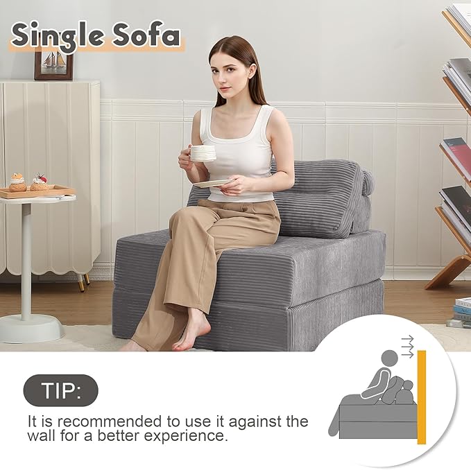 MeMoreCool Folding Sofa Bed Single Grey – Convertible Sleeper Chair with Back Support | Foldable Floor Lounge Mattress Chair with Headrest & Lumbar Pillow, Ideal for Living Room, Bedroom Guest Space
