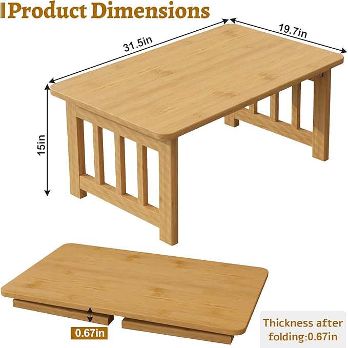 JNNXZZ Japanese Folding Coffee Table,Foldable Low Table for Sitting,Bamboo Collapsible Floor Tea Table,Portable Versatile Meditation Table for Tatami Living Room Home Office Apartment (Wood Color)