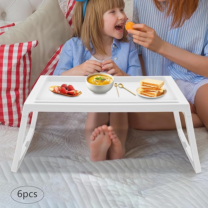 6PC Bed Tray Table with Folding Legs, Plastic Small Breakfast in Bed Tray Laptop Table Foldable Lap Desks for Eating on Sofa Laptops Sleepover Slumber Party Kids Adult (White)