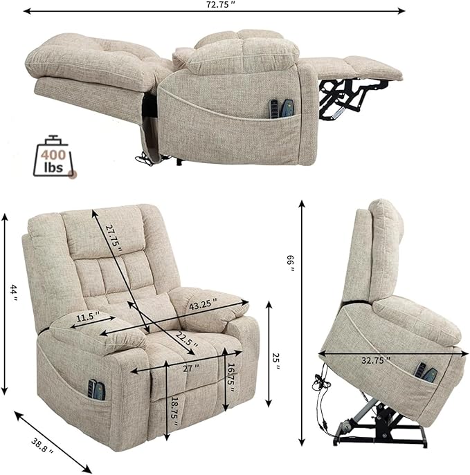 27in Extra Wide Recliner Chair for Big Man 400lbs, Oversized Power Lift Chair with Heat and Massage Hidden Cup Holder, Adjustable Headrest, Backrest, Lumbar & Footrest for Elderly, Cream