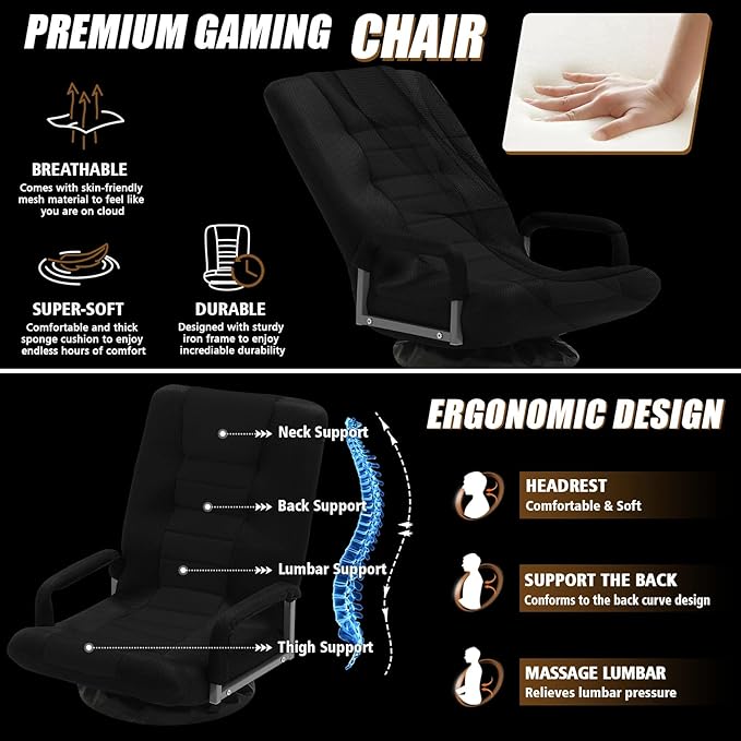 ACIPENSER Swivel Gaming Chair Multipurpose Floor Gaming Chair for Playing Video Games, TV, Reading w/Armrest Lumbar Support & 6 Adjustable Postion Backrest for Adults & Kids, Black