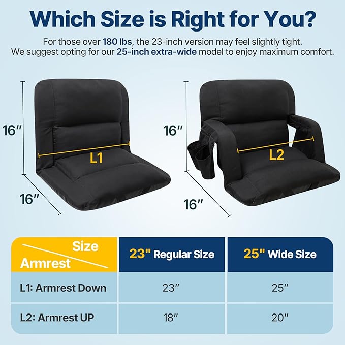 DEKEMASTER Stadium Seats with Back Support, Exclusive Sofa Style Design 23inch Wide Bleacher Chairs with Extra Thick Back and Cushion, 6 Reclining Positions for Sport Events Camping