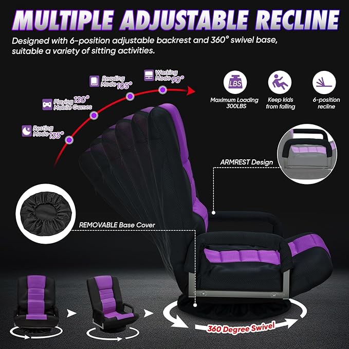 Swivel Gaming Chair 360 Degree Multipurpose Floor Chair w/Armrest & 6 Adjustable Postions Backrest for Adults & Kids, for Reading, Gaming, Watching, Relaxing, Purple