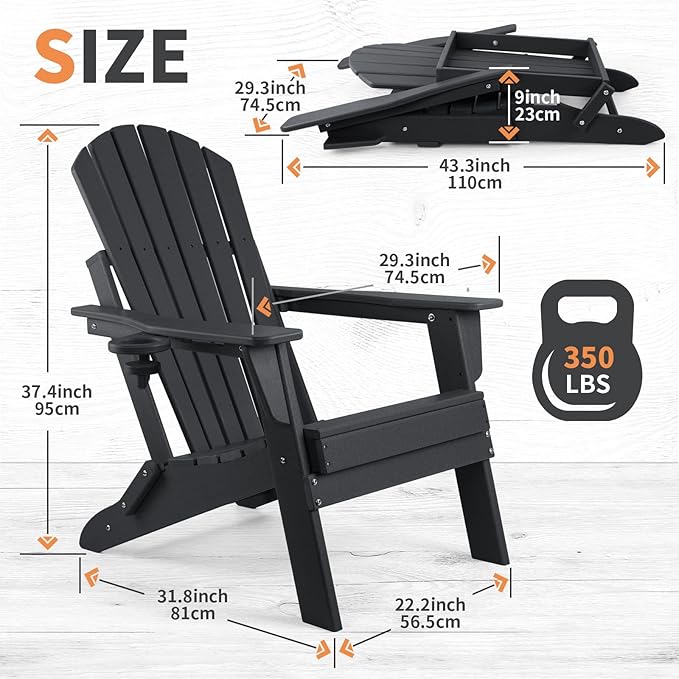 FUNBERRY Folding Adirondack Chair Set of 4, All Weather HDPE Fire Pit Chairs with Cup Holder for Outdoor