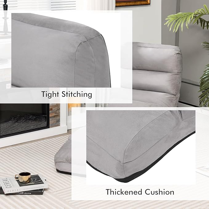Moccha Floor Chairs for Adults, Adjustable 5-Position Floor Lounger w/Thick Padded & Pillow, No Assembly Folding Lazy Sofa Chair for Gaming, Light Weight Chaise Lounge (Without Armrest, Grey)
