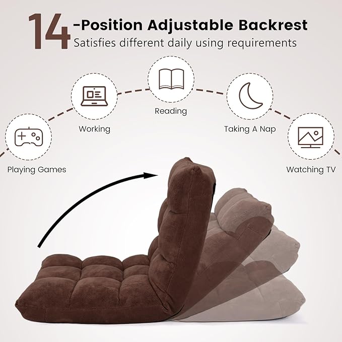 Floor Chair with Back Support, Foldling Gaming Sofa Chair with Comfy Cushion, Adjustable 14-Position Meditation Chairs, Lazy Lounge Recliner Reading Seat for Adults, Kids (Brown)