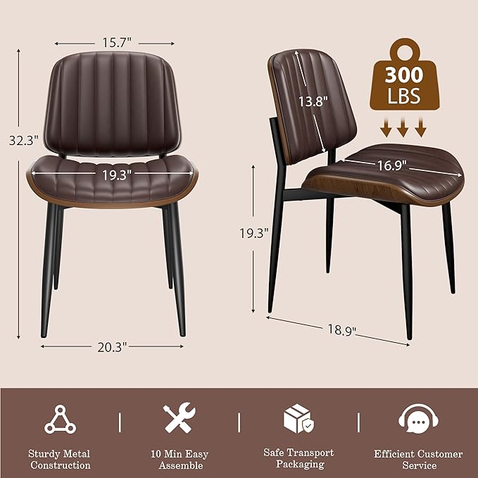 Dining Chairs Set of 8, Mid-Century Modern Upholstered PU Leather Chairs with Walnut Bentwood Back and Metal Legs Adjustable Feet for Kitchen Dining Living Room, Dark Brown Vertical Stripes