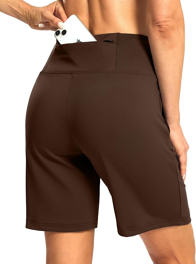 Women's Athletic Shorts with Zipper Pocket 7" High Waisted Stretchy Bermuda Shorts for Women Workout Running Casual