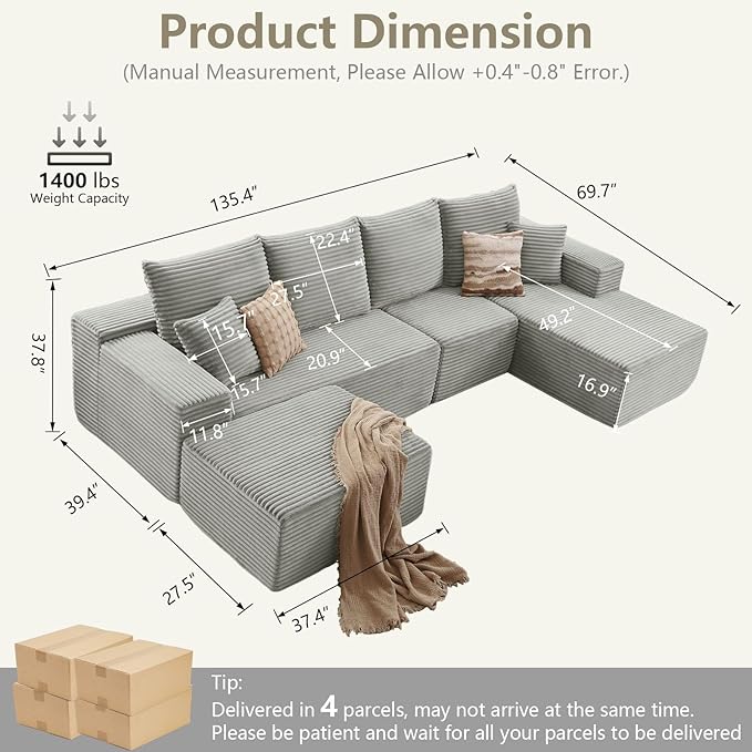 Lakifun 135" U-Shape Cloud Couch, Modern Modular Sectional Comfy L-Shape Sofa with Ottoman, Deep Seat, Upholstered Corduroy Sleeper Chaise Longue for Living Room Bedroom, No Assembly Required, Grey