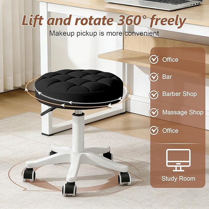 JPBSTO Small Rolling Stool with Wheels, PU Leather Height Adjustable Vanity Work Task Stool, 360 Swivel, Padded Seat Cushion,for Salon, Home, Office