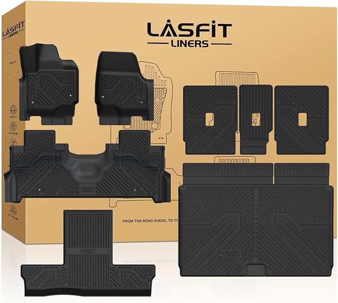 LASFIT Floor Mat& Cargo with Backrest Mat for 7 Seats 2025 2026 Ford Expedition Max & Lincoln Navigator L(Only 2nd Row Without Center Console),TPE Easy Clean Floor Liners,Full Set,Black