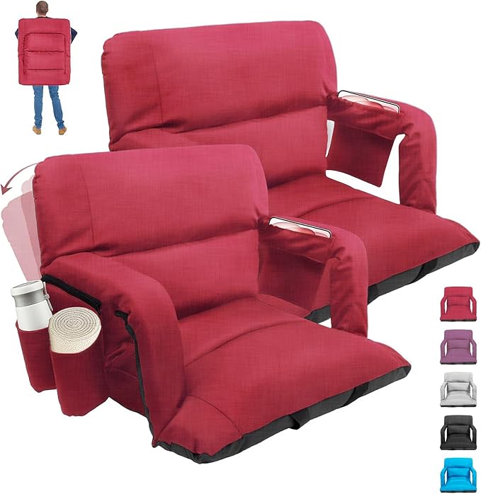 Stadium Seats with Back Support,Wide Stadium Chairs with Back and Cushion, Sofa Style Stadium Seats, 6 Reclining Positions, Extra Thick Bleacher Seat for Sports Events(Red-2 Pack, Wide|22.5")
