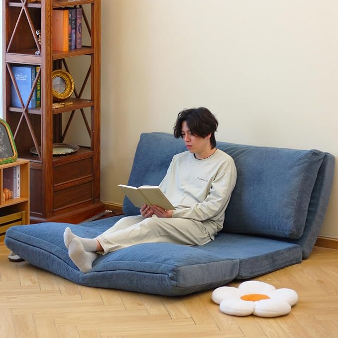 N&V Folding Matress Sofa Bean Bag Bed, Foam Filling Folding Matress Sofa, Includes Removable and Machine Washable Cover, Soft Premium Faux Fur (Large, Blue)