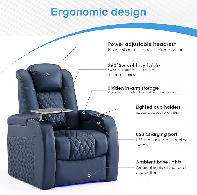 Weilianda Home Theater Seating Top Grain Leather Zero Gravity Recliner Chair Power Headrest Recline Movie Seat Gaming 7 Colors Mood Light Sofa with Tray Table USB Charge Row of 3 Loveseat Right Blue