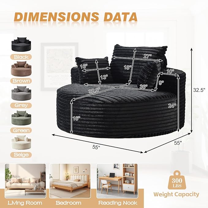 55"W Oversized Round Chair Lounge Chaise Indoor, Upholstered Comfy Circle Sofa Armchair, Modern Cozy Boneless Foam Floor Reading Chair for Living Room, Bedroom, No Assembly Required(Corduroy, Black)