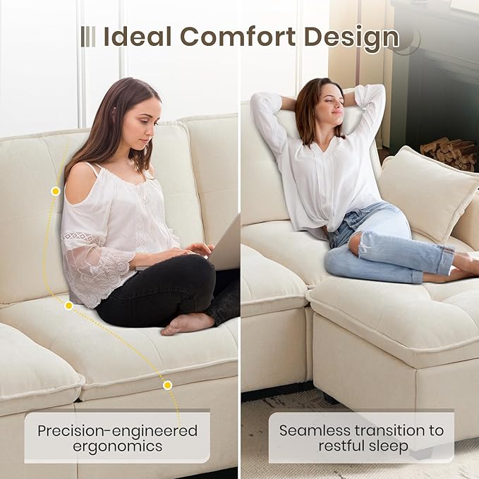 PALLOME 96" Modular L-Shaped Sofa - 3-Seat Cloud Couch with Movable Ottoman, Extra Deep Seat Sofa Couch with Throw Pillows for Living Room & Small Spaces (Beige, 3-Seat + Ottoman)