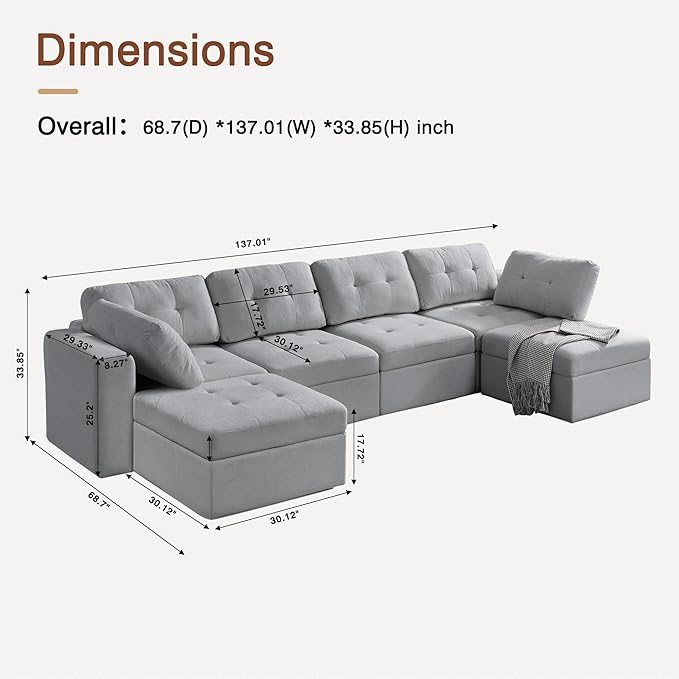 ORRD Oversize Modular Sectional Couch, Convertible U Shaped Sofa with Storage, 6 Seater Sofa Modular with Ottomans and Reversible Chaise for Living Room, Office (Grey)