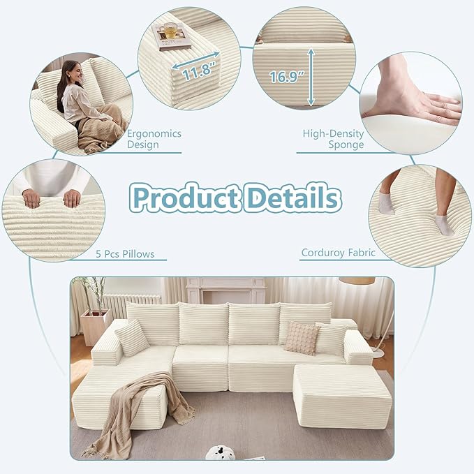 135.4" W Cloud Sectional Couch with Ottoman,Modern U-Shaped Cloud Couch with Deep Seat,Comfy Corduroy 4-Seater Sofa,Memory Foam Sofa for Living Room,No Assembly (White,Right-Facing Chaise)