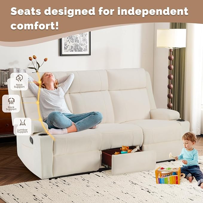 PALLOME Chenille Reclining Sofa 3-Seater with Convertible Table, Storage Ottoman & Cup Holders | Modern Space-Saving Couch, Ergonomic Living Room Furniture (Cream)
