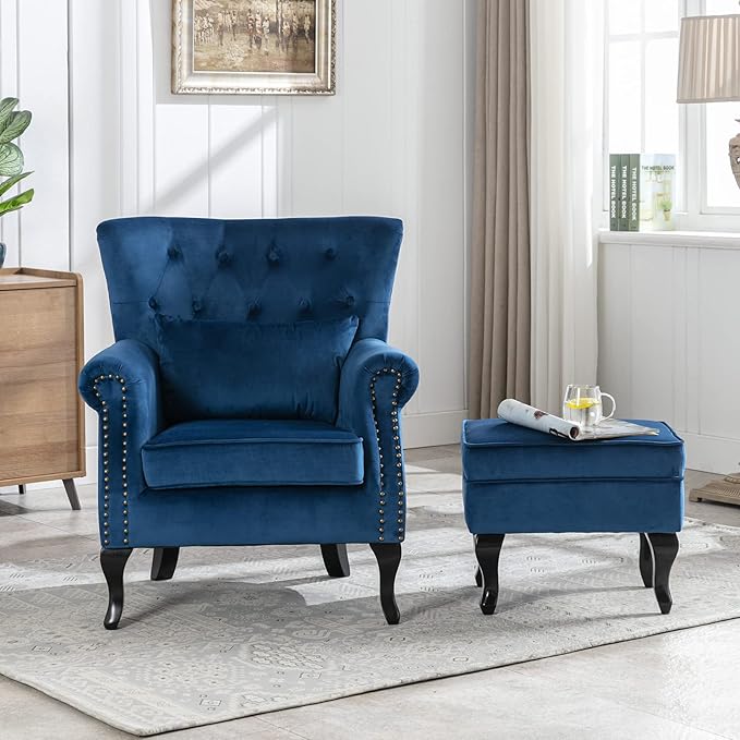LZAREAL Accent Reading Arm Chairs with Ottoman for Living Room Bedroom, Midcentury Modern Comfy Corner Sofa Chair, Wingback Waiting Room Club Chair with Button Tufted Back &Lumbar Pillow, Velvet Blue