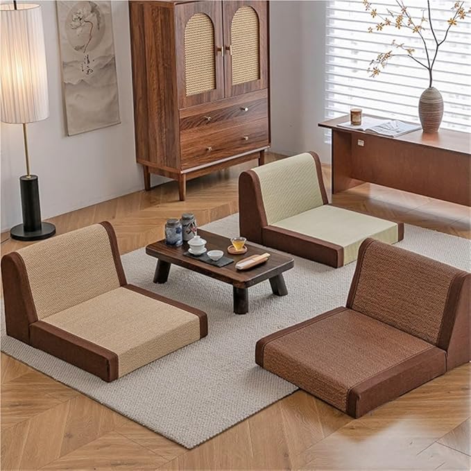 Floor Chair with Back Support, Bamboo Low Meditation Chair, Tatami Chair with Soft Cushion, Versatile Legless Chair for Living Room, Bedroom, Bay Window(Brown)