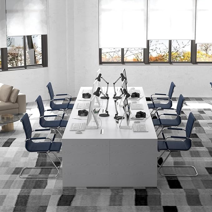 DM Furniture Office Desk Chair No Wheels Set of 6 PU Leather Computer Chairs Mid Back Guest Chairs for School Reception Conference Waiting Room, Navy Blue