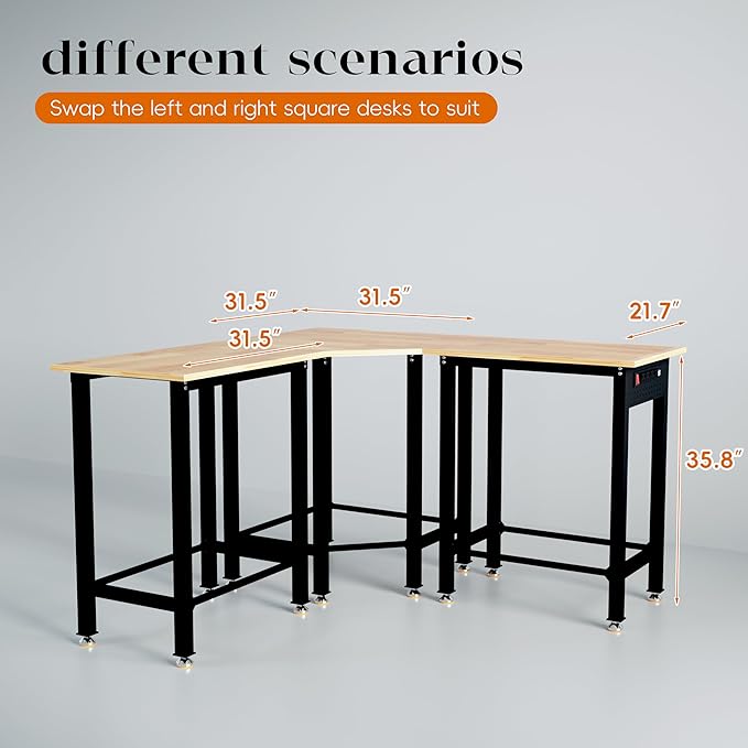 Betterhood 48"/60" Heavy-Duty Adjustable Workbench for Garage, Rubber Wood Shop Table,Hardwood Workstation Weight Capacity Over 1500 Lbs (Rubber Pad/Power Outlets/Ruler/63 x21.7 x35.8)