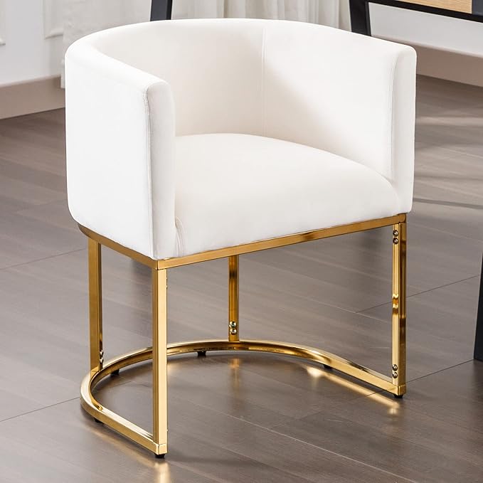VESCASA Velvet Upholstered Dining Chair with Barrel Back, Mid Century Modern Padded Restaurant Chair with Gold Metal Frame for Kitchen, Dining Room, 1 Piece, White