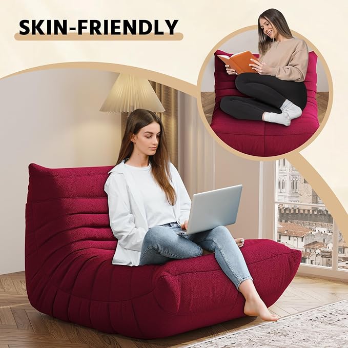 Bean Bag Chair, Fireside Chair, Large Bean Bag Chair for Adults, Bean Bag Chairs for Teens with High-Resilience Foam, Non-Slip Base Floor Lounge Sofa,Living Room (Burgundy, Single)