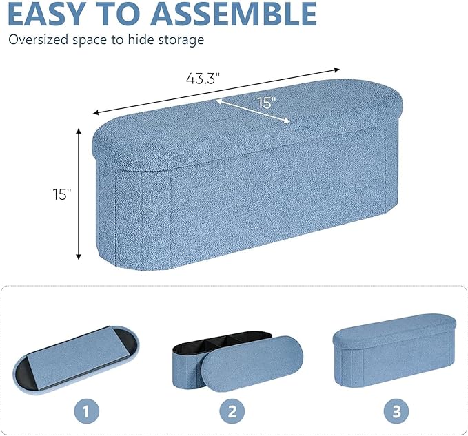 43.3 Inches Collapsible Ottoman with Storage, Bench with Storage Ottoman for Living Room, Bedroom & Entryway-Blue
