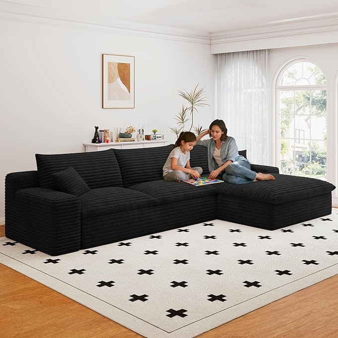 107" Cloud Sectional Couch with L-Shape Chaise, Modern Corduroy Viral Boneless Sofa for Living Room,Memory Foam Couches in a Box with Deep Seat,No Assembly Required (Jet Black,Right-Facing Chaise)
