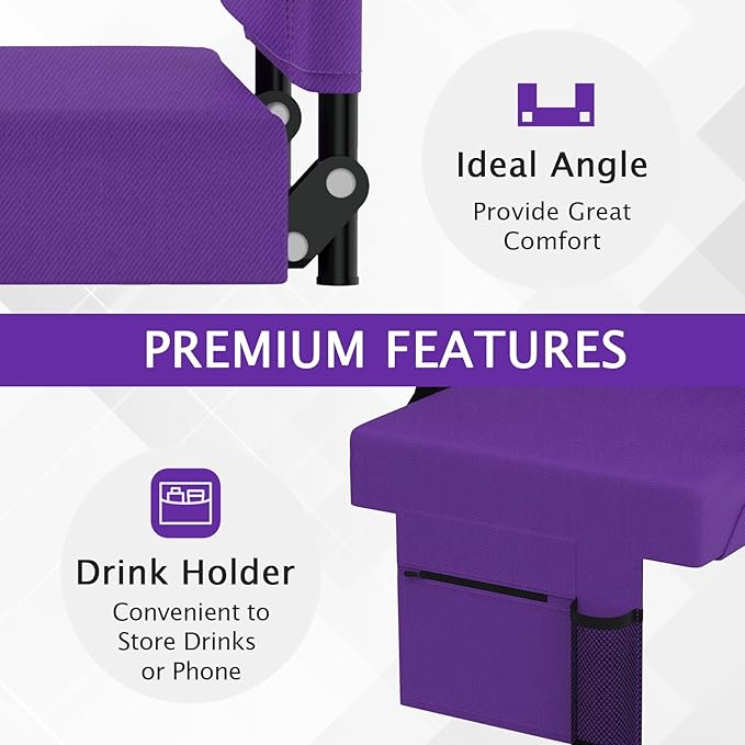 2pcs Stadium Seat for Bleachers with Back Support，Portable Bleacher Chairs with Back and Cushion，Includes Shoulder Strap and Cup Holder