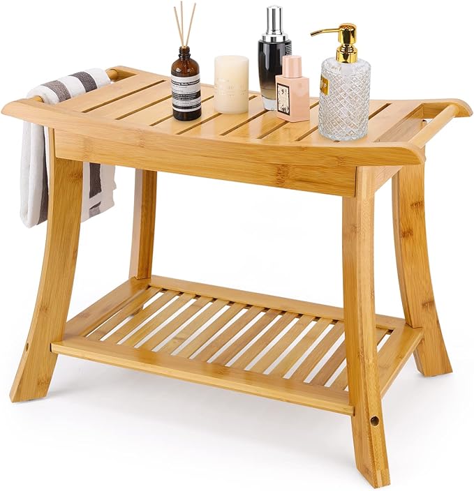 VVW Bamboo Shower Bench & Stool with Storage Shelf, Bath Benches for Inside Shower, Bathroom Stools 2-Tier Spa Seat for Adults Elderly (Beige)