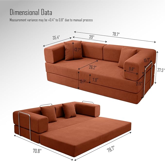 79 Inch Convertible Sofa Bed Couch in Box, 5 in 1 Folding Modular Boneless Couch with Pull Out Bed 2 Pillows, Soft Corduroy Floor Futon Lounge Loveseat Sleeper Lazy Cama No Assembly Orange