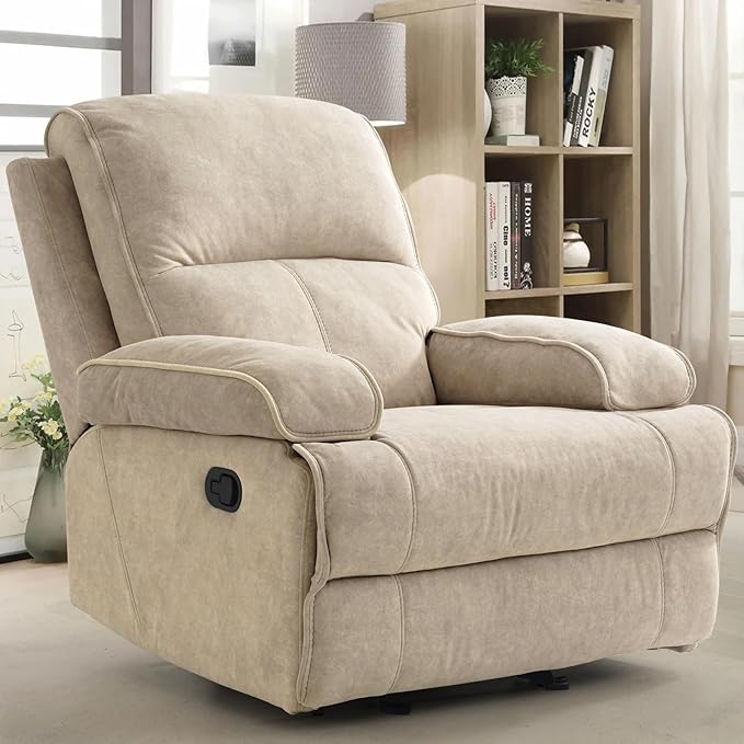 KeyEnergy Manual Rocker Recliner Chair for Adults, High Back Glider with Deep Seat, Upholstered Fabric Armchair for Living Room & Nursery, Flaxen