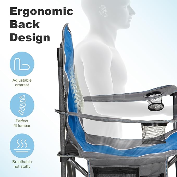 LET'S CAMP Oversized Outdoor Folding Camping Chair, Heavy Duty Arm Chair with Cup Holder and Storage Bag, 350 LBS Weight Capacity, Blue