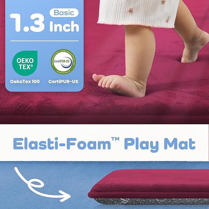 PAPAMAT 1.3" Thick Baby Floor Play Mat 50x50, Basic Padded Foam Mat for Tummy Time Crawling, Non Slip Cushioned for Babies Toddlers Infants Kids (Burgundy)